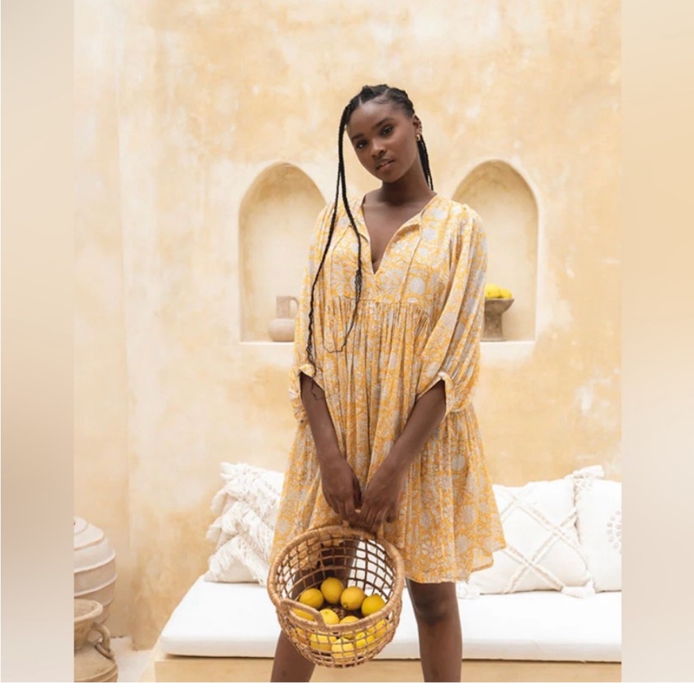 Daughters of India Yellow Puff Sleeve 100% Cotton Dress Size XS